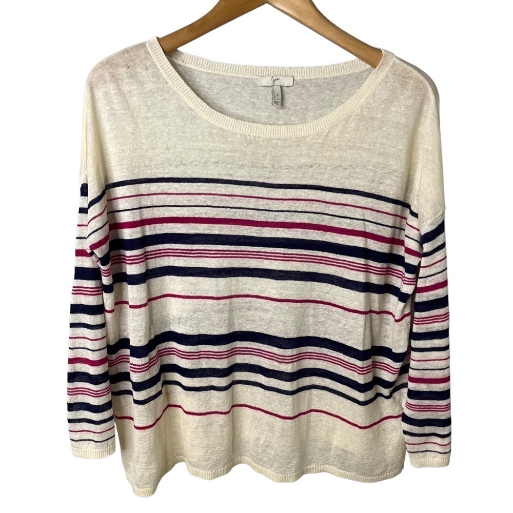 Joie Maine Stripe Linen Pullover Sweater Size Small 3/4 Length Sleeves Boat Neck - Picture 2 of 7